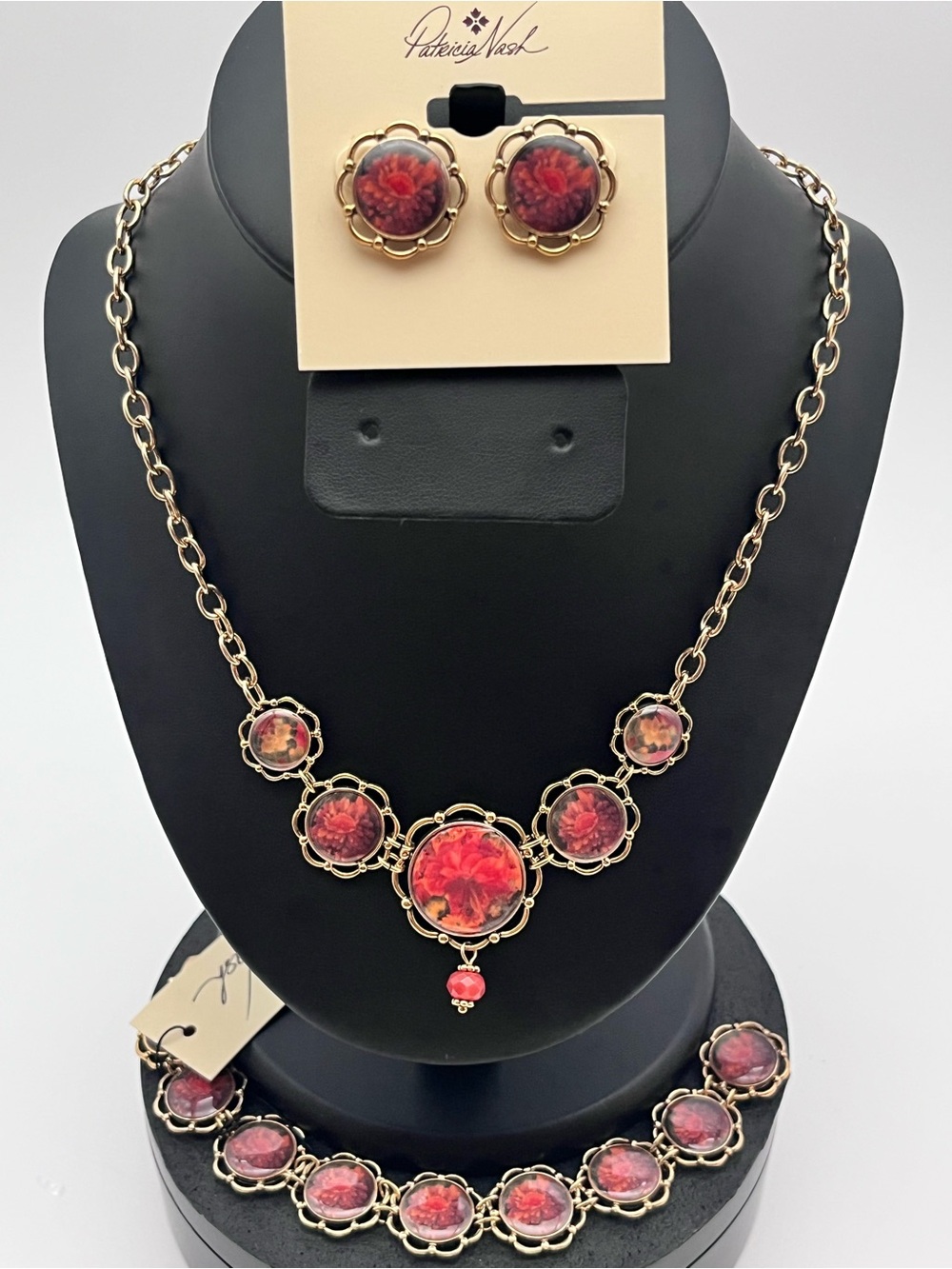 PATRICIA NASH European Floral Tapestry Flower Box 3 Piece Matching Jewelry Set